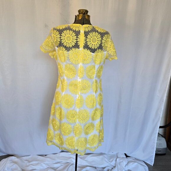 Sz 10 Embroidered Mesh Daisy Dress Yellow White Chiffon - Picture 9 of 13